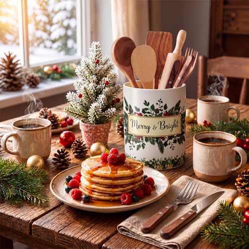 Christmas Pine Branches Ceramic Utensil Holder (Holly Pine Berries)