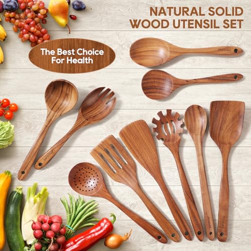 Wooden Spoons for Cooking 10PCS Teak Wood Cookware Utensil Set (10 PCS SET)