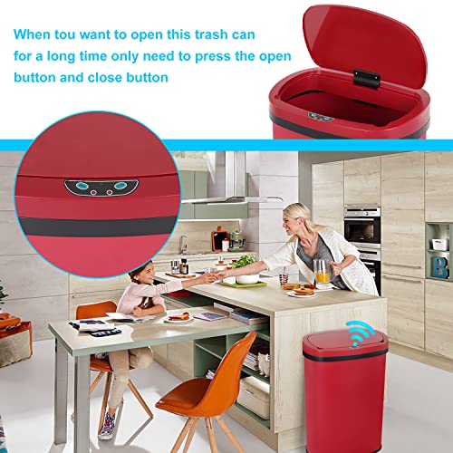 13 Gallon 50L Touch Free Automatic Stainless Steel Trash Can Garbage Can Metal Trash Bin with Lid for Kitchen Living Room Office Bathroom (Red)