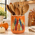 Fall Pine Tree Ceramic Utensil Holder Orange Autumn Chopstick Crock