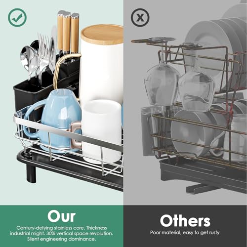 Stainless Steel Dish Drying Rack for Kitchen Counter (Black Silver / 13''W x 17''L)