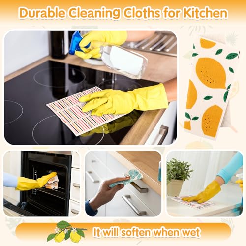 10 Pack Swedish Dishcloths Washable (10 Pack-lemon Prints+ Clips)