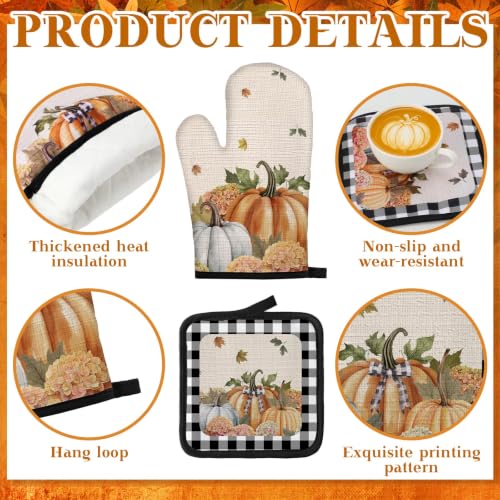 10 Pcs Fall Pumpkin Kitchen Decor Set Kitchen Towels Pot Holders Oven Mitts and Rugs Set Thanksgiving Towels for Baking Cooking BBQ Autumn Home (Beige, Orange / Vintage)