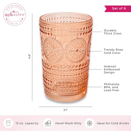 Hobnail Beaded Floral Rose Gold Drinking Glasses Set of 6 (Rose Gold / 13 oz)