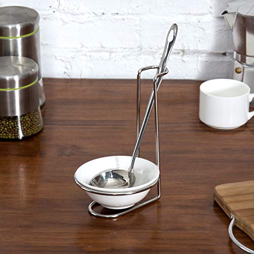 White Ceramic Ladle Holder Spoon Rest with Stainless Steel Stand (White / Single)