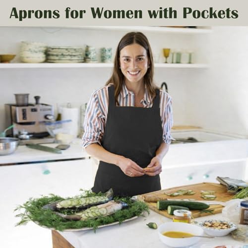 Apron for Women with Pocket Cotton Linen (Black / Small)