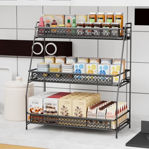 Vintage 3 Tier Spice Rack Organizer for Kitchen Counter (Black / 3 Tier Large)