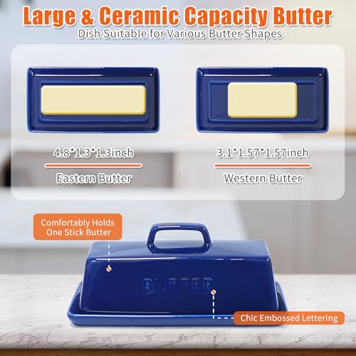 Butter Dish with Lid Ceramic Countertop Storage Navy Blue