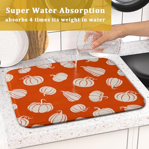 Fall Dish Drying Mat for Kitchen Counter Autumn White Pumpkins Festival Microfiber Absorbent Dish Draining Reusable Washable Foldable 16"x18" (18" x 16")