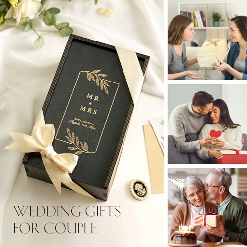 Mr Mrs Gifts Wedding Champagne Flutes (Mr + Mrs（Black） / Set of 2（Wooden box）)