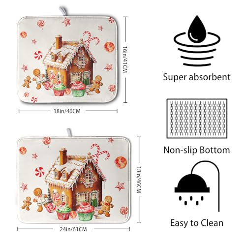 Christmas Dish Drying Mat for Kitchen Counter 16x18 Gingerbread House Man Candy Canes Cookie Cake Drying Mat for Dishes Xmas Winter Holiday Microfiber Drying Pad Dish Drying Pad for Coffee Bar Sink (Christmas Gingerbread / 16" x 18")