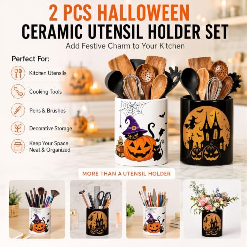 2 Pcs Halloween Pumpkin Cat Utensil Holder Halloween Kitchen Decoration (Spooky)