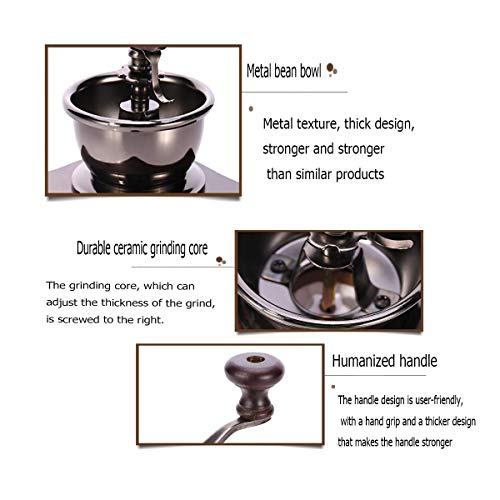 Manual Coffee Grinder Wood Vintage Antique Ceramic Hand Crank Coffee Mill With Adjustable Gear Setting Portable Hand Cleaning Brush Included (Wooden)