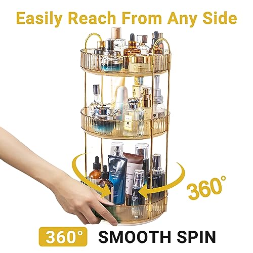 360 Rotating Makeup Organizer for Vanity (Gold / 3 Tier)