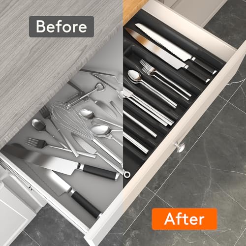 Extra Large Silverware Drawer Organizer (Black / XL Deep (13-22''W x 16.7''D))