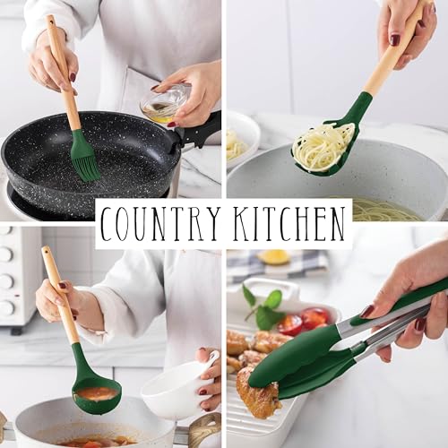 Non Stick Silicone Utensil Set with Rounded Wood Handles for Cooking and Baking (14 Piece Set / Green)