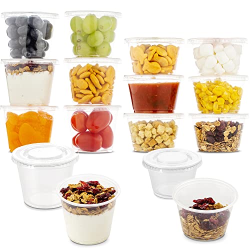 Plastic Portion Cups with Lids 4 oz. & 5.5oz. Combo Pack of 150 Leakproof Jello Cup Mini Containers for Salad Dressing Sauce Condiment Snack Souffle and Salsa (150 sets - 4oz. & 5.5oz.)