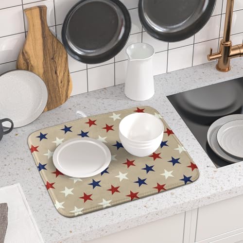 Patriotic July of 4th Blue Red White Star Dish Drying Mat for Kitchen Counter 16x18 Independence Day Absorbent Reversible Microfiber Drying Mats Kitchen Countertop Protector Dishes Drainer Rack Pad (16" x 18")
