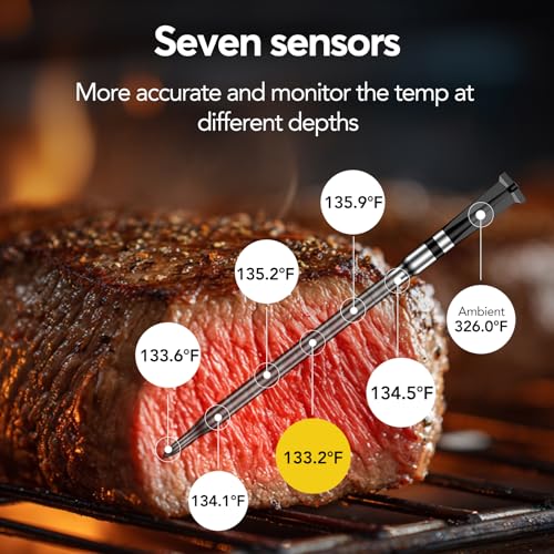 WiFi Sub 1G Wireless Meat Thermometer Unlimited Range 7 NIST Certified Sensors with Ambient Temp 2 Temp Monitoring Ways Digital Smart Base and App for BBQ (Single-Probe-Bamboo)