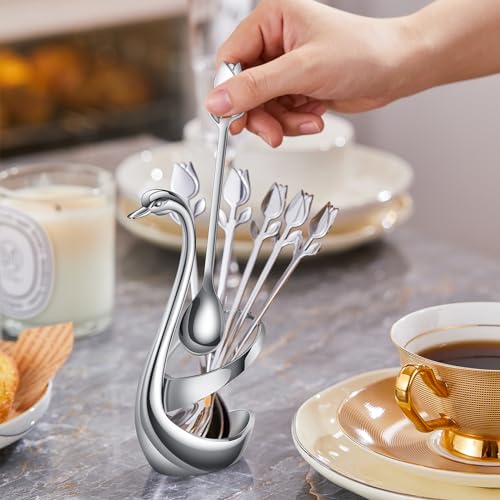 Silver Swan Base With 12 Pcs Coffee Spoon Holder Set (Silver Swan Set)