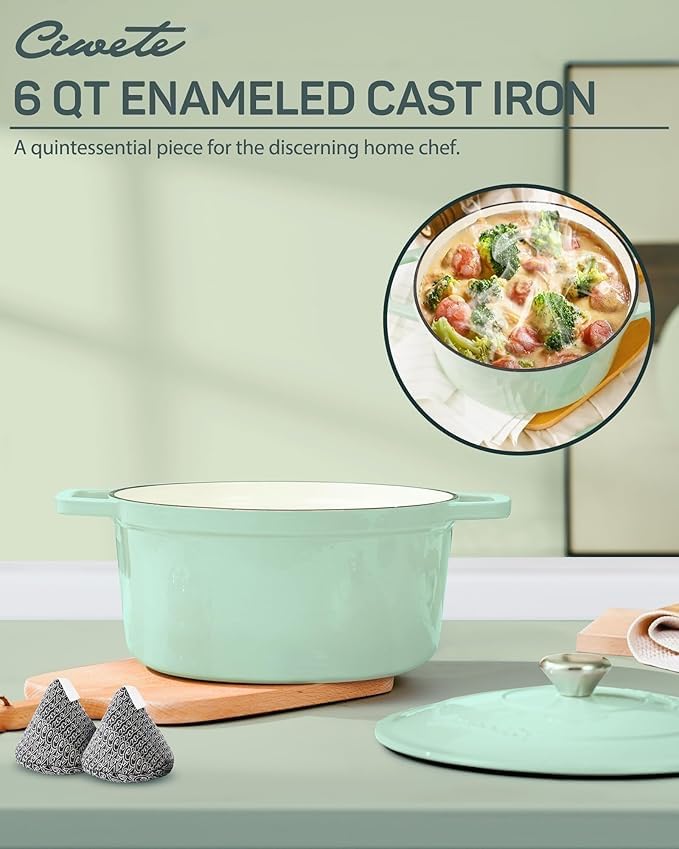 Enameled Cast Iron Dutch Oven Pot (Mint Green / 6 QT)
