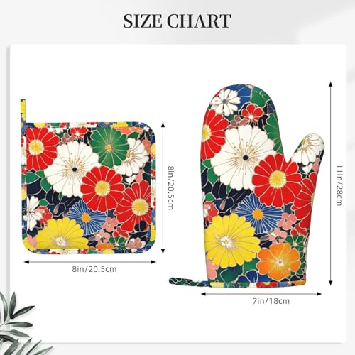 Oven Mitts and Pot Holders Flower Ethnic Art Pattern Silicone Kitchen Accessories Set of 4 Heat Resistant Long Gloves Potholder Non (A098)