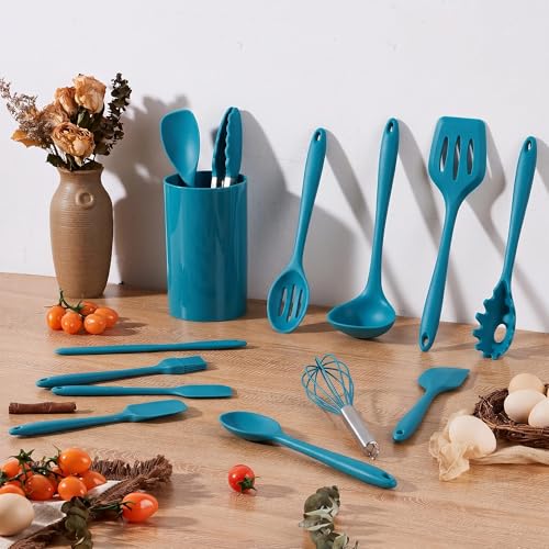 14 Pcs Silicone Kitchen Cooking Utensils Set with Holder (Dark Blue)