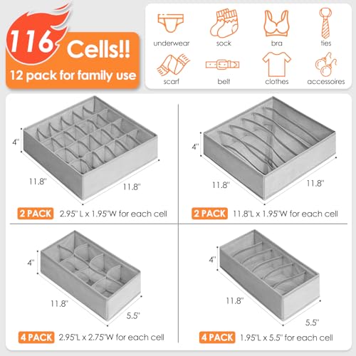 12 Pack Sock Underwear Drawer Organizer Dividers (12 Pack / Grey)