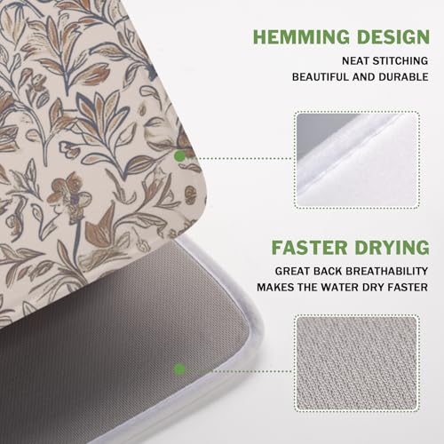 Vintage Floral Dish Drying Mat for Kitchen Counter Brown Antique Flower Microfiber Dish Drainer Mat Rustic Neutral Absorbent Washable Drying Pad 16"x18" (Vintage Floral / 18" x 16")