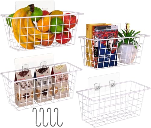 Wall Wire Baskets Adhesive Basket Hanging Kitchen Baskets No Drilling for Cabinet & Pantry Organization and Kitchen (WHITE / 4 PACK)