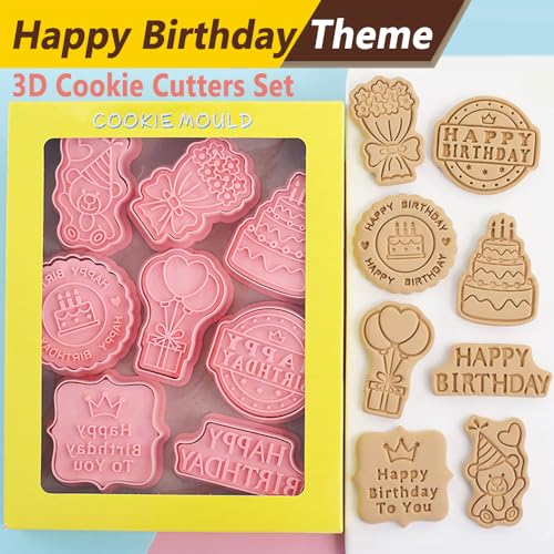 8 Pcs Cookie Cutters Set 3D Holiday Cookie Cutters for Party Baking Decoration (Birthday Theme (8 Pcs))