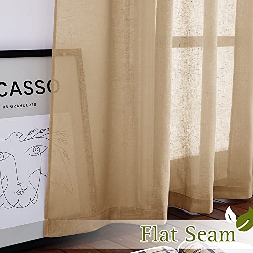 Sheer Linen Curtains Flax Texture 90 inch Long (52"W x 90"L (Pack of 2) / Camel)