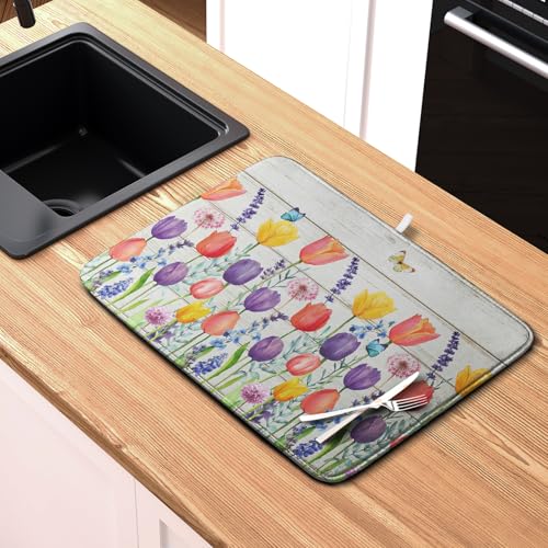 Tulip Floral Dish Drying Mat for Kitchen Counter Watercolor Spring Flower Dish Mat Absorbent Microfiber Dish Draining Mat Reversible Heat Resistant Dishes Pad Large 16 x 18 Inch (Spring Tulip Colorful / 16" x 18")