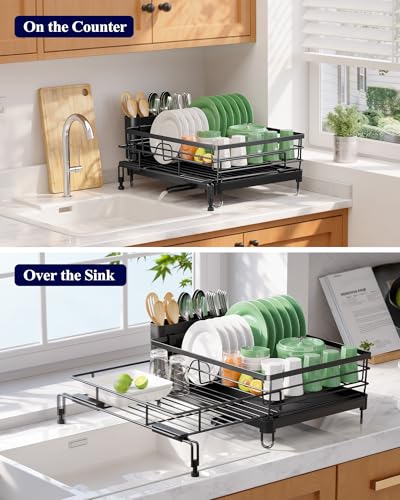Adjustable Dish Drying Rack (Black / 15.6''-25.2''L × 16.9''W × 8.1''H)