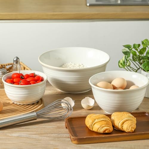 Mixing Bowls Ceramic Serving Dishes for Cooking (Clay-Infused White / 40+65+84 Ounce)