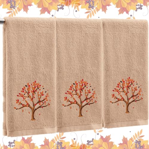 3 Pcs Fall Hand Towels for Bathroom 13.8 x 29.5 Inch Autumn Decorative Bath Towels Sets 100% Cotton Embroidered Pumpkin Maple Thanksgiving Bathroom Decor (Khaki / Autumn Tree)