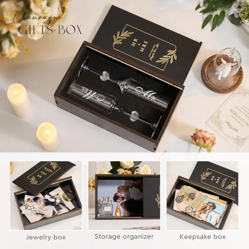 Mr Mrs Gifts Wedding Champagne Flutes (Mr + Mrs（Black） / Set of 2（Wooden box）)
