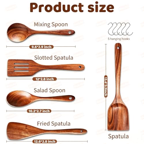 5 PCs Teak Wooden Utensil Set with Hooks (5)