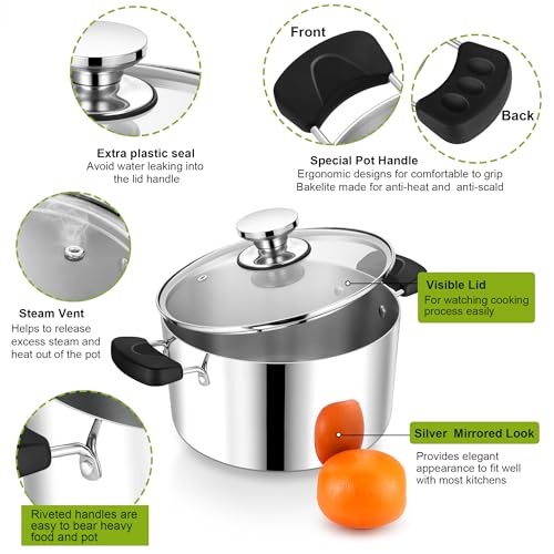 5 Quart Tri ply Stainless Steel Stock Pot with Lid for Cooking