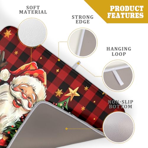 Merry Christmas Santa Claus Red Buffalo Plaid Dish Drying Mat for Kitchen Counter (18" x 24")