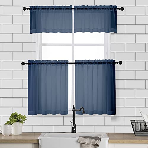 Sheer Curtains Tiers 42W x 24L Inches 2 Pieces (Navy Blue / 42"W x 24"L (Pack of 2))