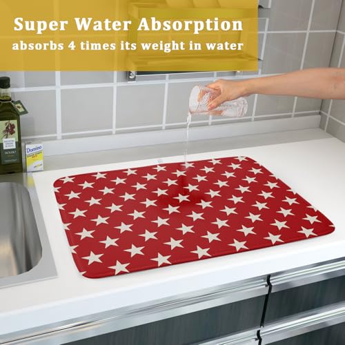 Patriotic July of 4th Red Star Dish Drying Mat for Kitchen Counter 18x24 Memorial Independence Day Absorbent Reversible Microfiber Drying Mats Kitchen Countertop Protector Dishes Drainer Rack Pad