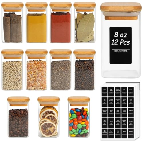 Square Glass Spice Jars with Labels 8 oz 12 Pack with Bamboo Lids (8 fl.oz - 12 Pack)