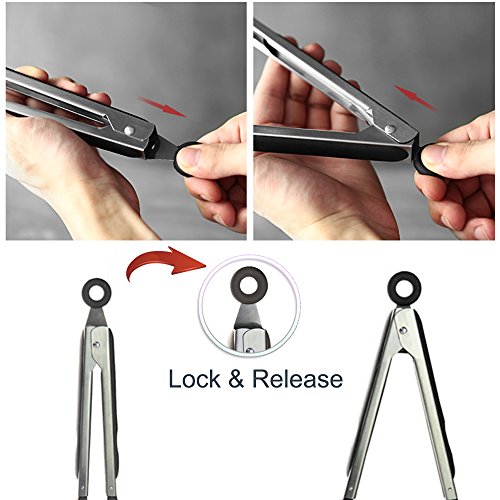 Cooking Tongs 9" and 12" Stainless Steel Kitchen Silicone Serving Tongs (9 & 12 inch / Black)