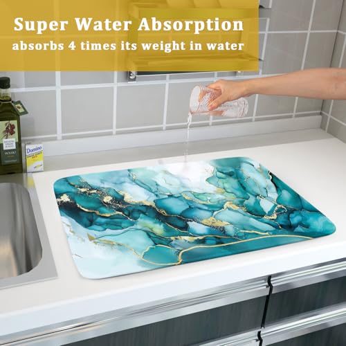 Teal Marble Dish Drying Mat Turquoise Blue Marbling Print Dish Drainer Mats 18"x24" Modern Granite Microfiber Reversible Dish Drying Rack Pad Protector for Kitchen Countertop Decor (24" x 18")