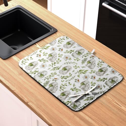Easter Bunny Floral Drying Mat for Kitchen Counter Spring Easter Rabbits Green Leaves Dry Dish Mat Absorbent Microfiber Dish Draining Washable Dish Drainer Rack Mat 16x18 Inch (Easter Bunny Green / 16" x 18")