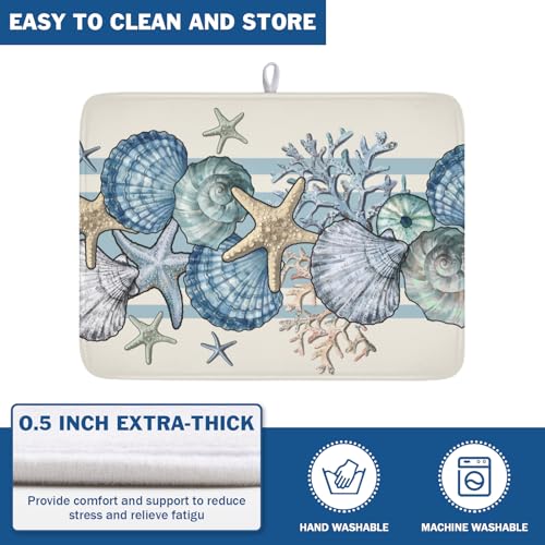 Nautical Coastal Dish Drying Mat for Kitchen Counter Summer Beach Seashell Starfish Microfiber Dish Drainer Mat Ocean Blue Pattern Absorbent Washable Drying Pad Extra Large 18"x24" (Summer Seashell / 24" x 18")
