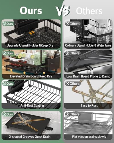 2 Tier Dish Drying Rack for Kitchen Counter (Black)