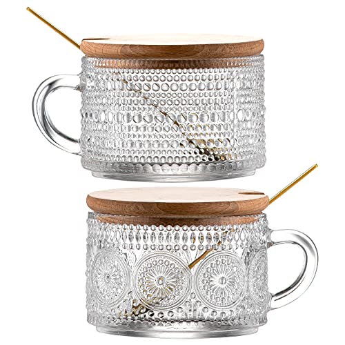 Vintage Glass Coffee Mugs with Wooden Lids 14 Oz Set of 2 Embossed Tea Cups for Cappuccino (Translucent+Lids)