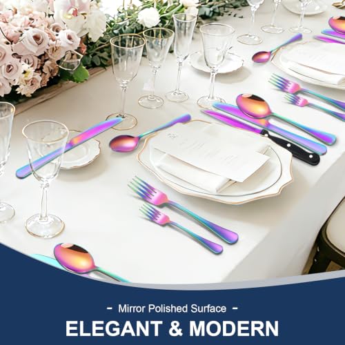 24 Piece Rainbow Silverware Set with Steak Knives Black Stainless Steel Flatware Set for 4 Food Grade Tableware Cutlery Set Rust (24Pcs-A)